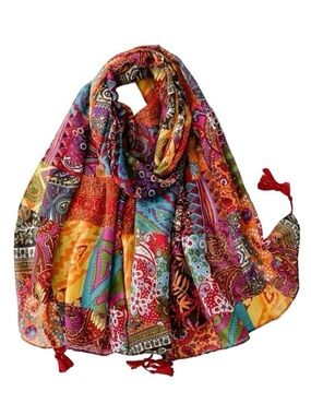 Colorful Bohemian Patchwork Print Scarf Shawl Tassel Fringe